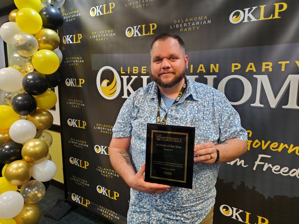 OklahomaLP's tweet photo. First ever OKLP Activist of the Year honoree @LibertyDrew84, who is the beating heart of this party. I'm not crying; YOU'RE crying.
#OKLP50 https://t.co/AUohtLL7kn