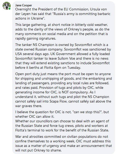 WoolsackUK's tweet photo. As I watch the news early this morning I feel disbelief, disgust &amp; pain for what Ukraine is suffering.
For @OrkneyCouncil
 to allow a Russian state owned tanker to gain access to Orkney's oil terminal would be utterly wrong.
My thoughts on why are below. https://t.co/zrt9SmxyFb