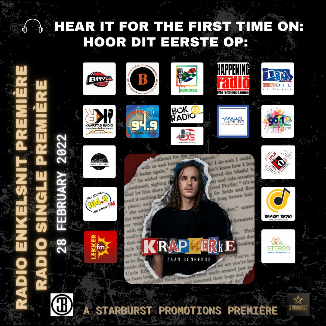Maandag, 28 Feb, word die talentvolle "rocker",<a href="/zaanSonnekus/">zaan sonnnekus</a> , se nuwe enkelsnit, #Krapmerke uitgereik na radiostasies, landswyd en verder!
Hoor dit eerste op hierdie stasies! Dankie dat julle dit op die dag van vrystelling 'n 1ste draai gee!