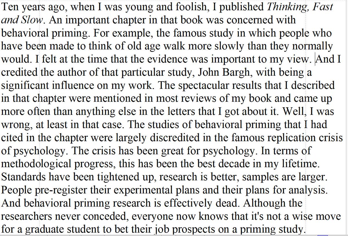 Daniel Kahneman, towering figure of social psychology,  declares behavioral priming - which he himself was instrumental in making popular - "effectively dead". edge.org/adversarial-co…