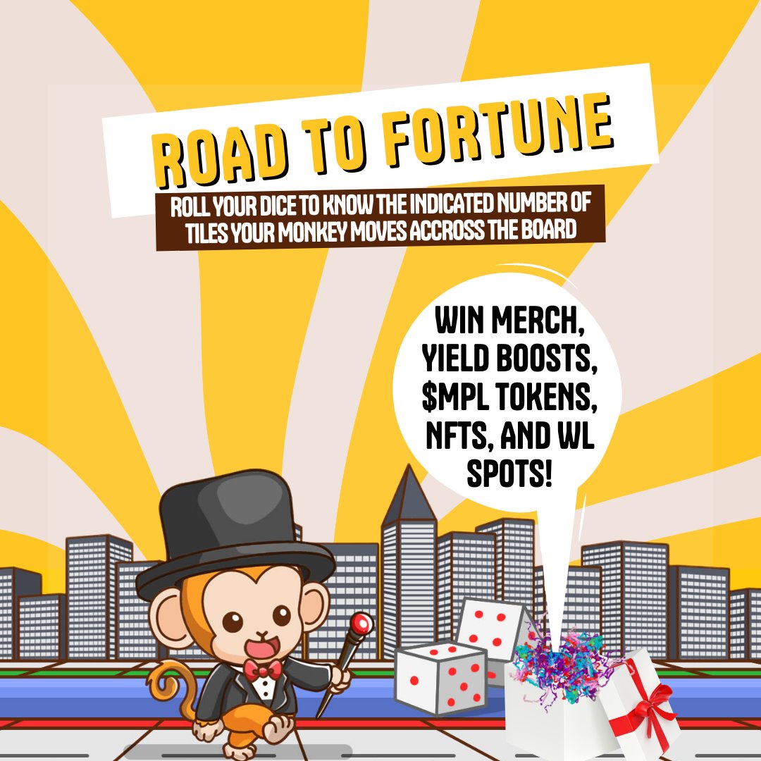 themonkeypoly's tweet image. Guess what? Win cool prizes in our upcoming on-chain game, Road of Fortune. 

Journey across the board using your monkey. Move your monkey as indicated on the dice. Exciting prizes and penalties awaits you on every tile

Read more in our Whitepaper: bit.ly/monkeypoly