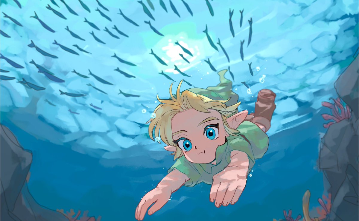 link 1boy blonde hair underwater male focus blue eyes holding breath swimming  illustration images