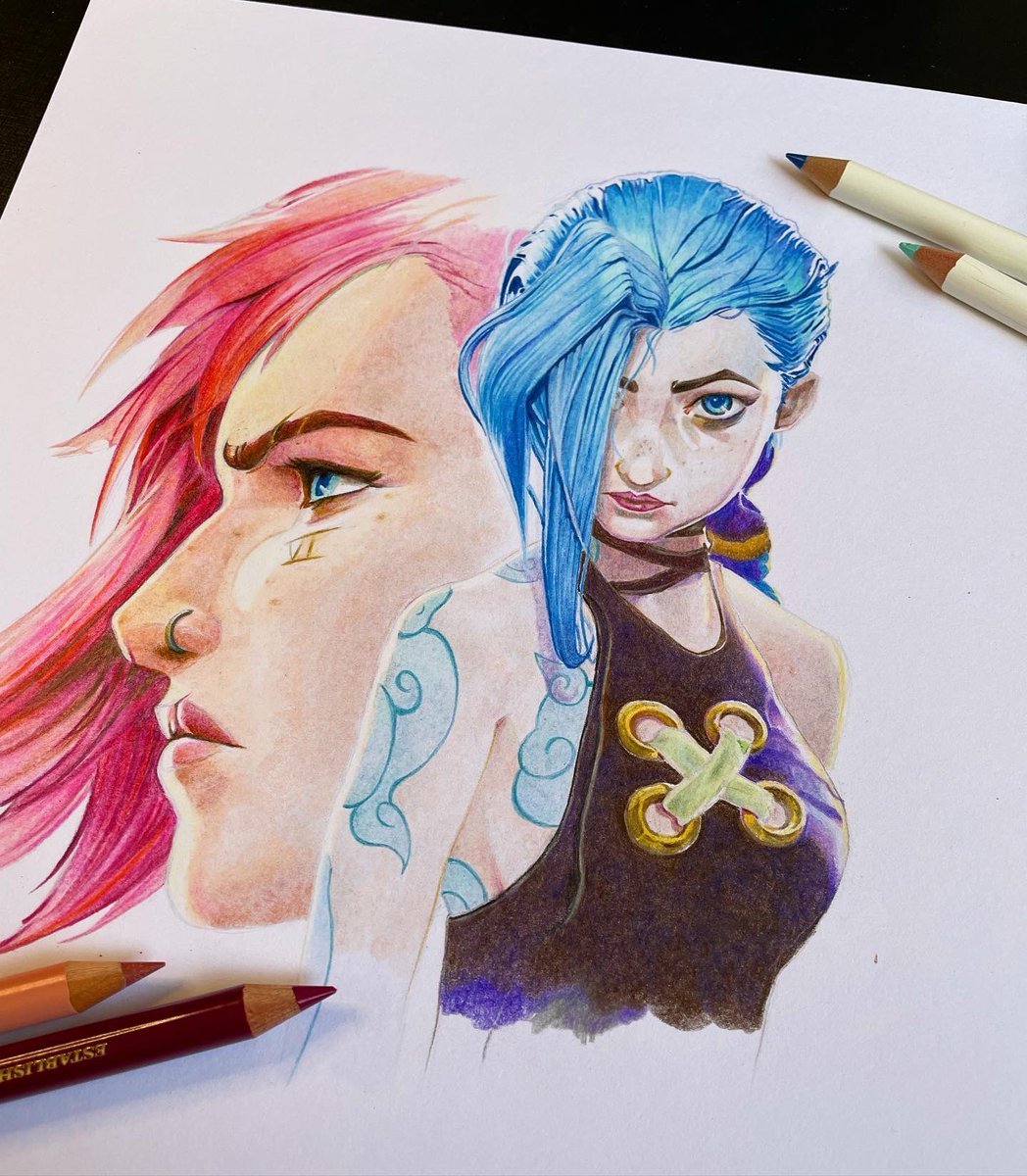 ジンクス(リーグ・オブ・レジェンド) ,Vi(リーグ・オブ・レジェンド) 「ARCANE  色鉛筆で描いてみた。 #arcane #arcanefanart」|icoのイラスト