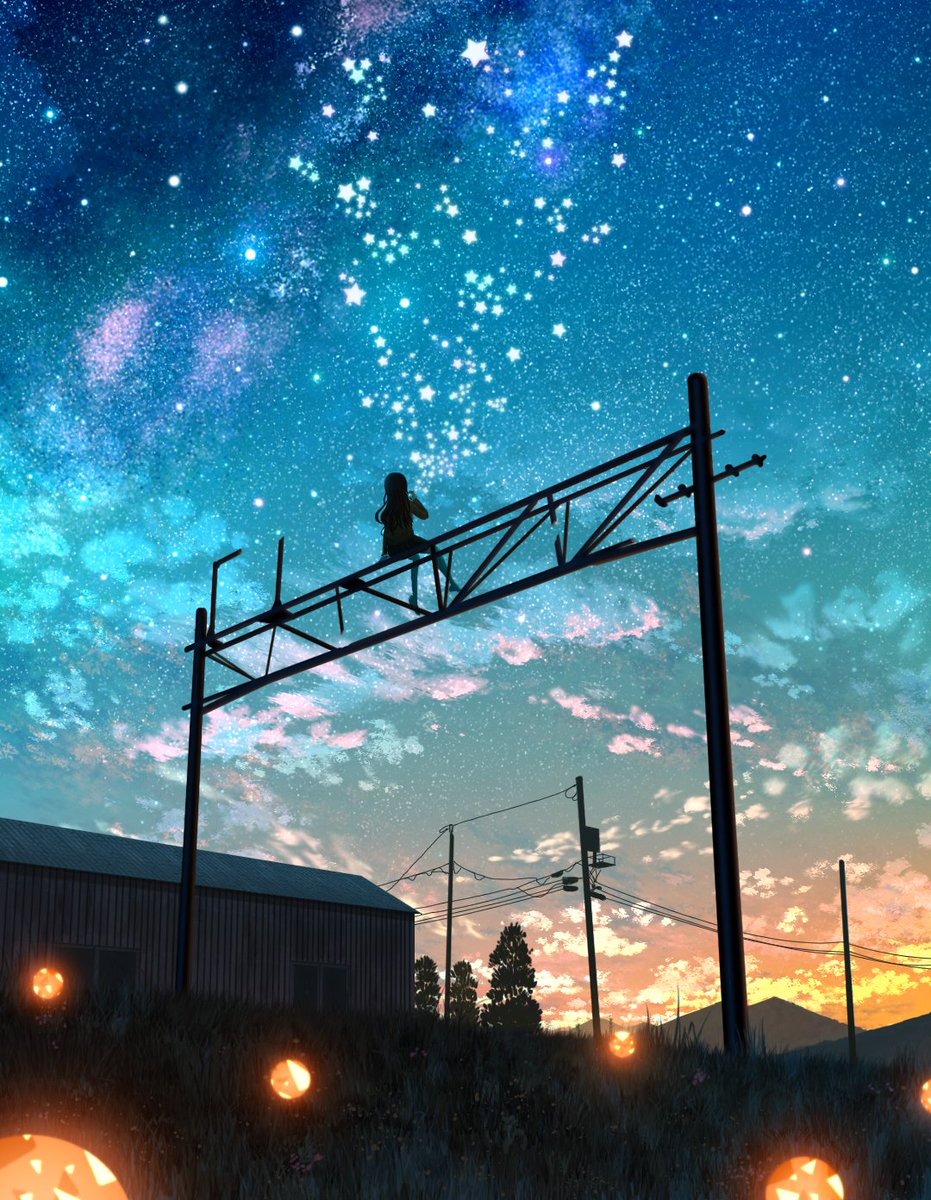 sky star (sky) scenery 1girl starry sky outdoors power lines  illustration images