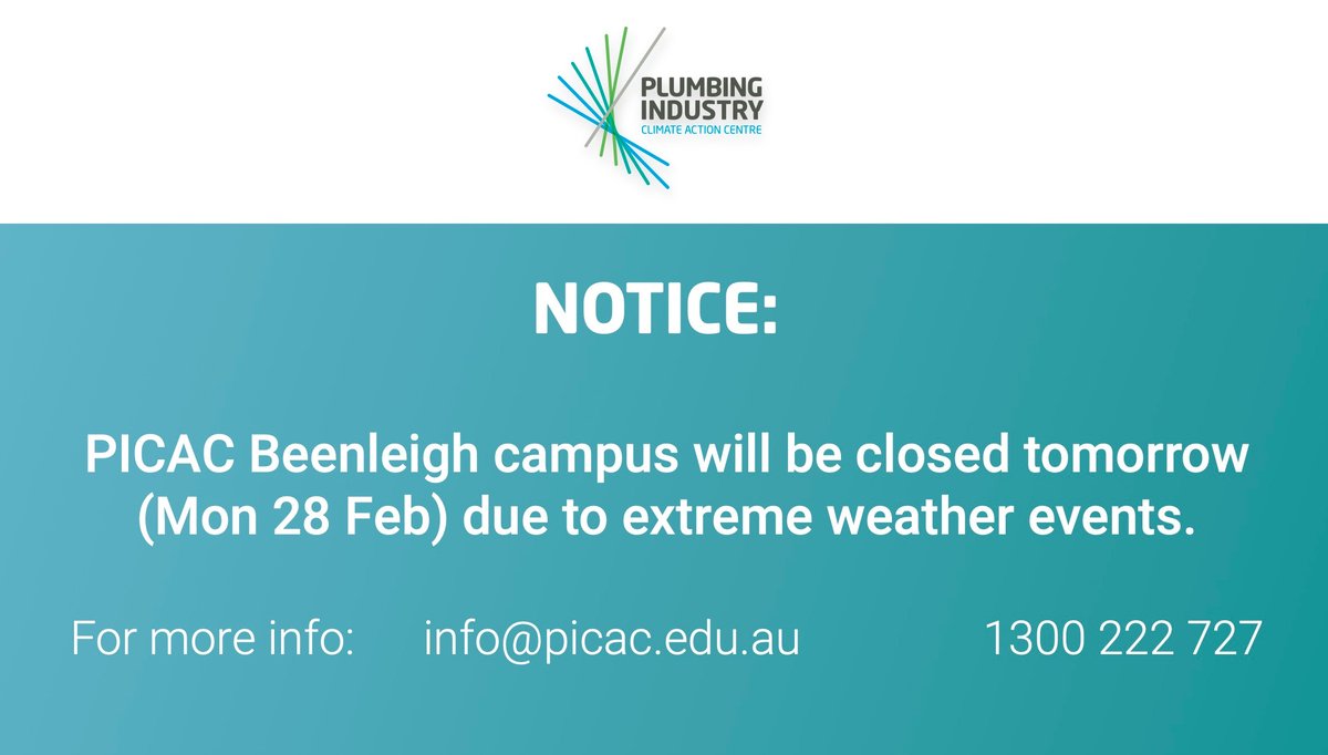 The PICAC Beenleigh campus will be closed tomorrow due to extreme weather events. Students will be informed and updated as further information comes.