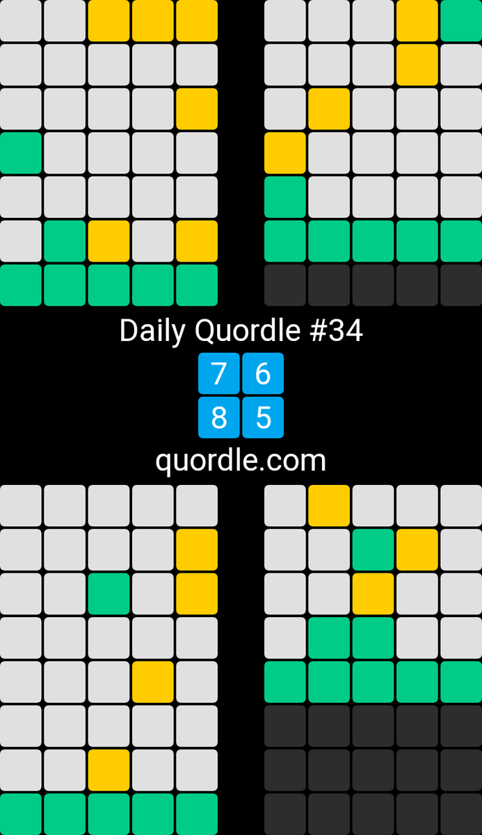 Daily Quordle #34
7️⃣6️⃣
8️⃣5️⃣
quordle.com