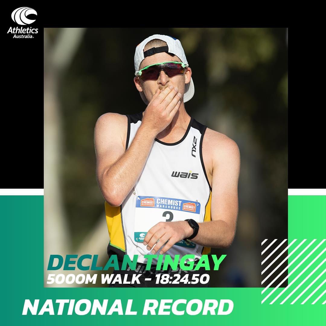 Declan Tingay is on fire 🔥🔥
 
He backs up his 20km Oceania and Australian race walking title with a win over 5000m at the Victorian State Championships, setting a new national record of 18:24.50 to surpass Dane Bird-Smith's mark of 18:38.97!

Oman awaits 👀

#ThisIsAthletics