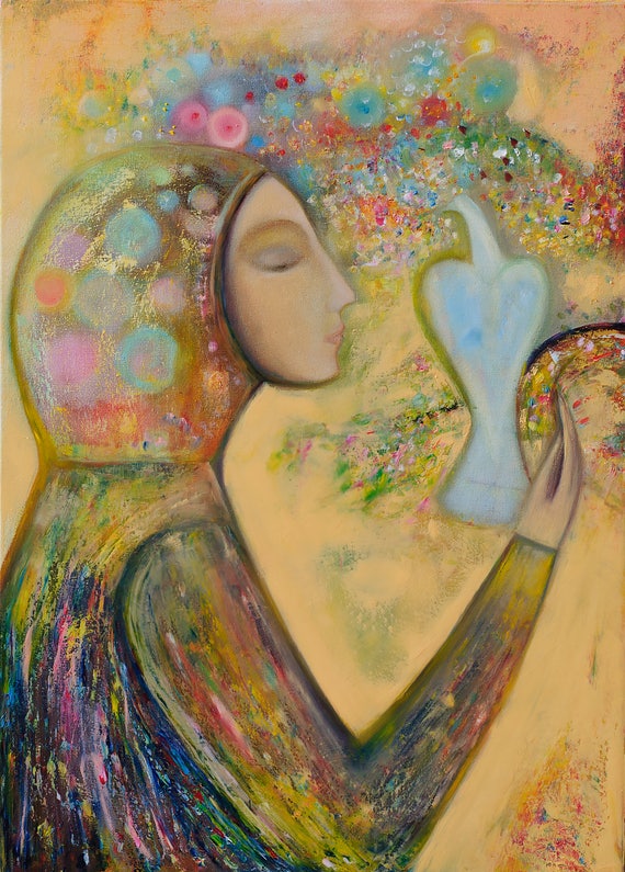 'Woman With Dove Angel of Peace' by contemporary Ukrainian painter Olesya Hudyma #WomensArt