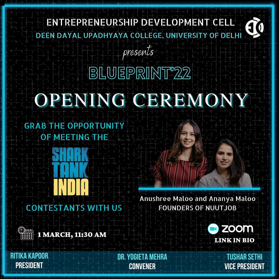 EDCDDUC's tweet photo. 'Great business ideas come from most unexpected places'
Meet Ananya &amp; Anushree Maloo, the sisters who addressed the issue of male intimate hygiene in the form of business through the company Nuutjob.
Curious to know their journey? Tune in to the opening ceremony of Blueprint'22! https://t.co/ouvBgdZeSn