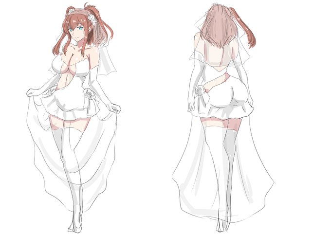 ウェディング～はデザインラフ何人分か描いてそのまんまという
(神通のドレスデザイン思いつかず手が止まったのよ)

その一部、、、、どちらにしろブラッシュアップ必要だし、描き溜めておくかね 