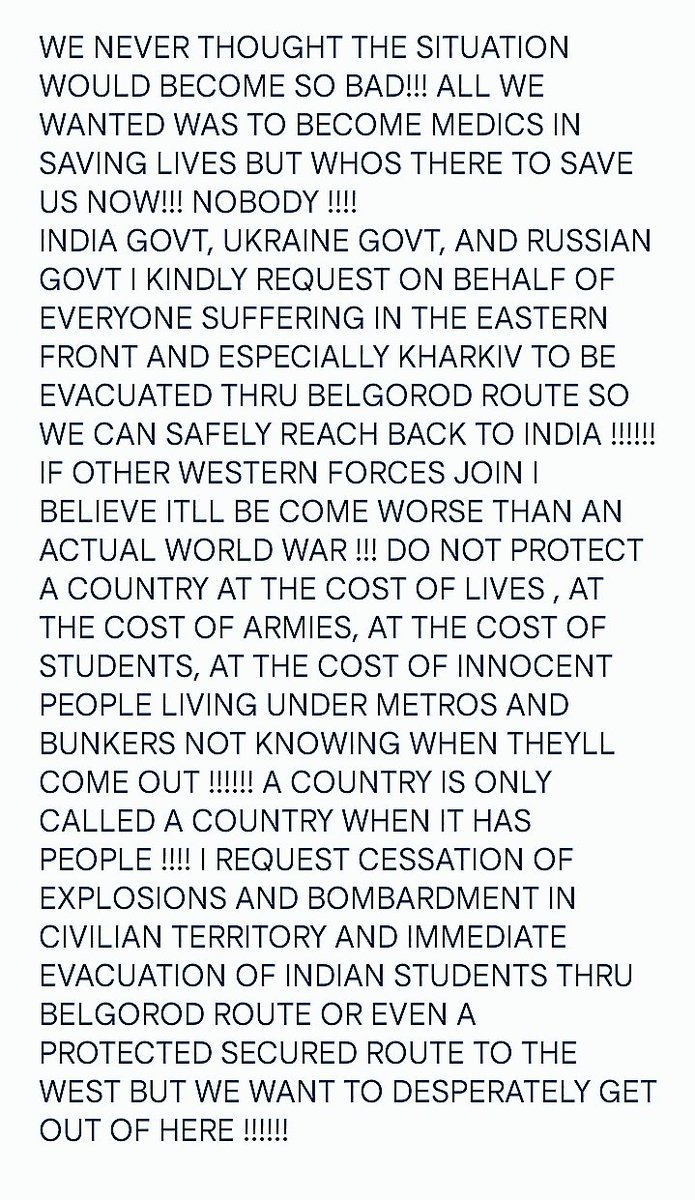 sara_imf's tweet photo. #evacuateindianstudentsfromukraine #Evacuation #StopWar #peace #india #UnitedNations #russia #ukraine #vladmirputin @narendramodi @PMOIndia @mfa_russia @MFA_Ukraine @UN @INCIndia @BJP4India @rashtrapatibhvn @Ukraine @GovernmentRF 

#LIVESMATTER https://t.co/GJDad52gxu