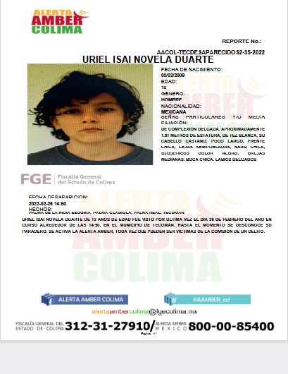 AAMBER_col's tweet photo. Alerta Amber Colima solicita su apoyo para localizar al menor URIEL ISAI NOVELA DUARTE, a quien se reportó como no localizado en el municipio de Tecoman. https://t.co/GQrSd0XtEB