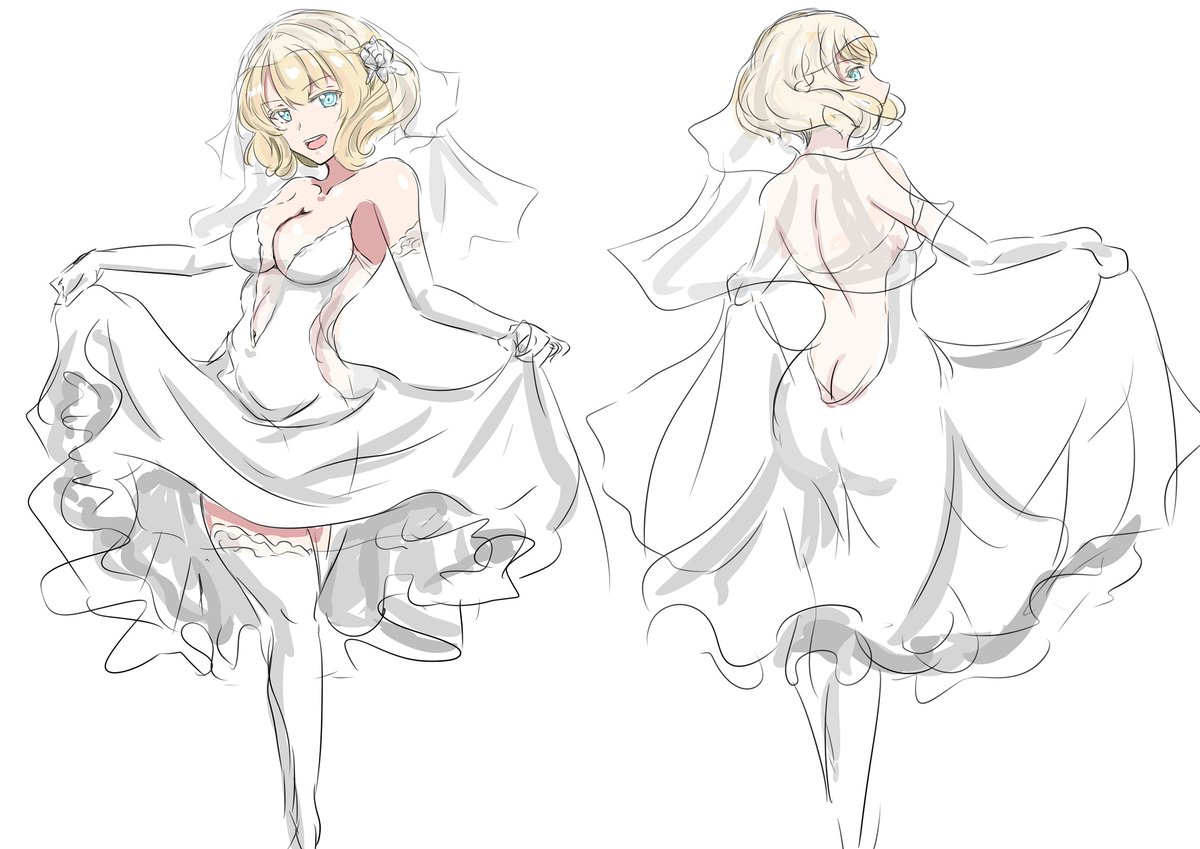 ウェディング～はデザインラフ何人分か描いてそのまんまという
(神通のドレスデザイン思いつかず手が止まったのよ)

その一部、、、、どちらにしろブラッシュアップ必要だし、描き溜めておくかね 