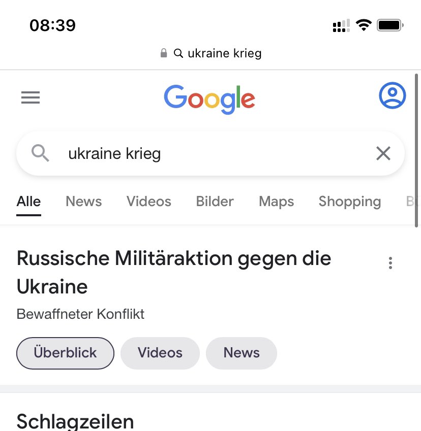 Wenn man bei Google „Ukraine Krieg“ eingibt… steht da als erster Eintrag Russische Militäraktion. Es ist so falsch! #waronwords