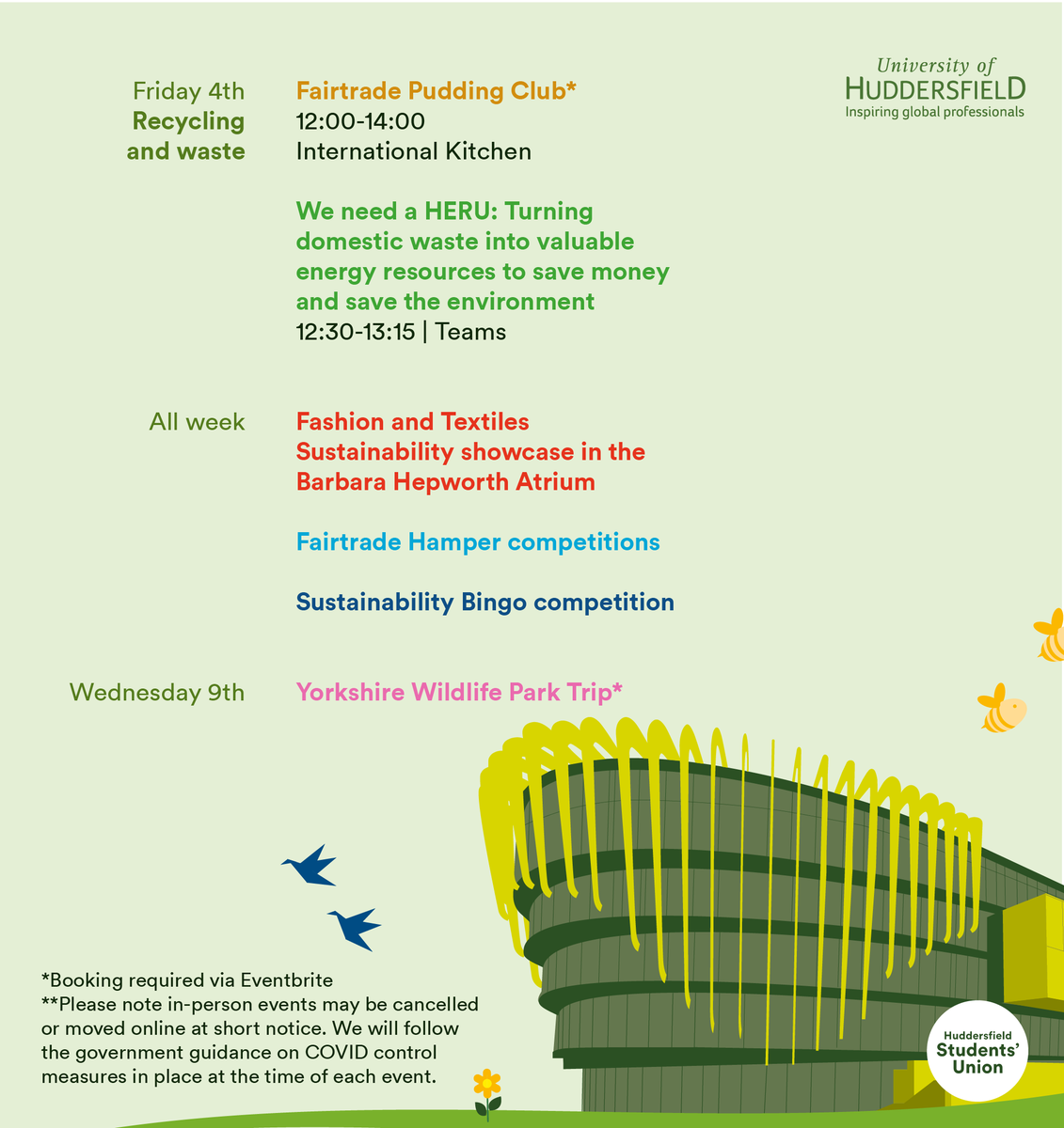SustainableHud's tweet photo. Green Week: Participating in Sustainability begins tomorrow and we can't wait to get started! 😍

We have a variety of research demonstrations, plant swaps, natural dye workshops, careers fairs and a Women in Sustainability panel events as well as competitions and food offers! 🍰 https://t.co/bBL4nkjtpI