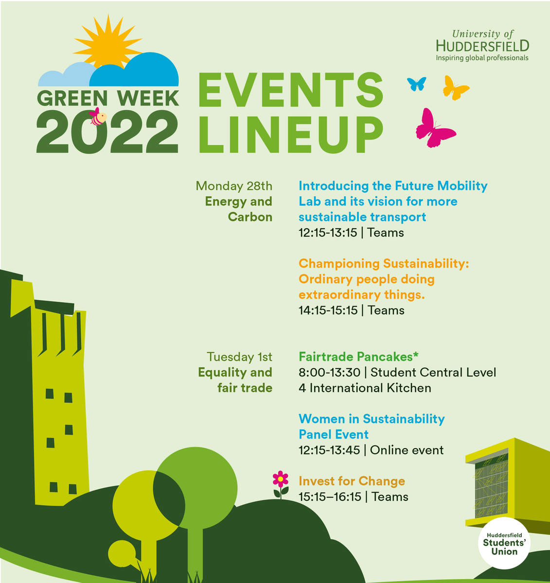 SustainableHud's tweet photo. Green Week: Participating in Sustainability begins tomorrow and we can't wait to get started! 😍

We have a variety of research demonstrations, plant swaps, natural dye workshops, careers fairs and a Women in Sustainability panel events as well as competitions and food offers! 🍰 https://t.co/bBL4nkjtpI