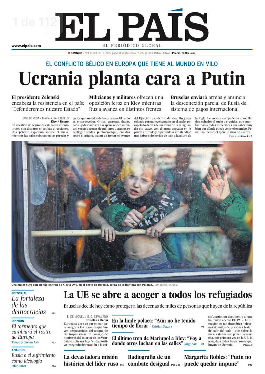 C_SMaldonado's tweet photo. Miren la gran portada que llevamos en @el_pais Putin perdió moralmente esta guerra que él impuso. Los ucranianos han demostrado una valentía que sobrecoge. Bravo. Bravo. Bravo. https://t.co/58SrV8RD4r