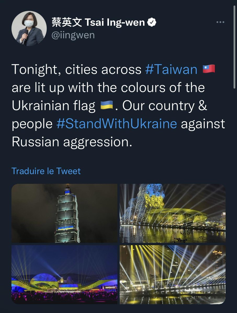 f66666602's tweet photo. @IAPonomarenko #Taiwan 台灣旗幟 are lit up with the colours of the Ukrainian flag 烏克蘭旗幟. Our country &amp; people #StandWithUkraine against Russian aggression. https://t.co/8BDBmUM2De