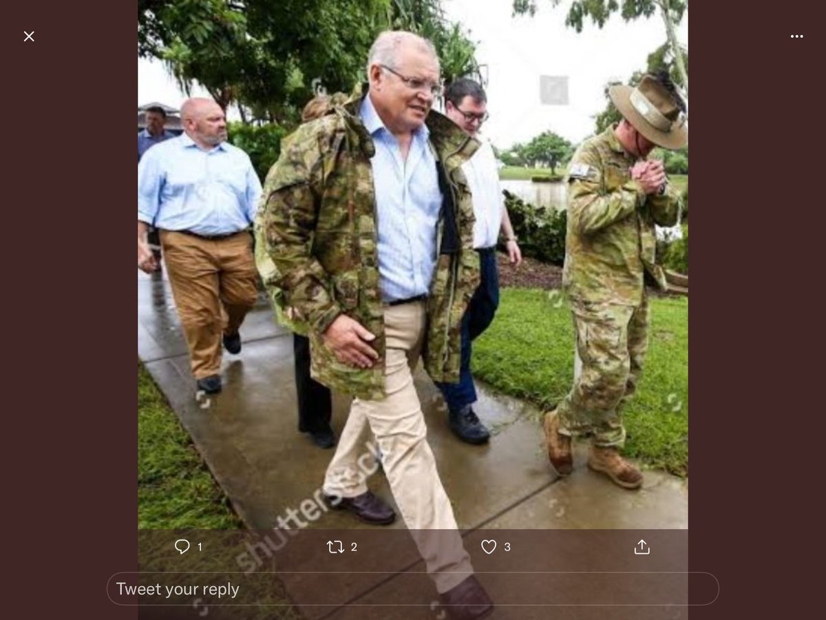 Dancingchick56's tweet photo. Hey @AusLiberalParty @thepmo
We said ‘wet’ not ‘war’ footing
#wrongoutfit
#auspol
#ScottyFromPhotoOps https://t.co/36gQjX3ElE