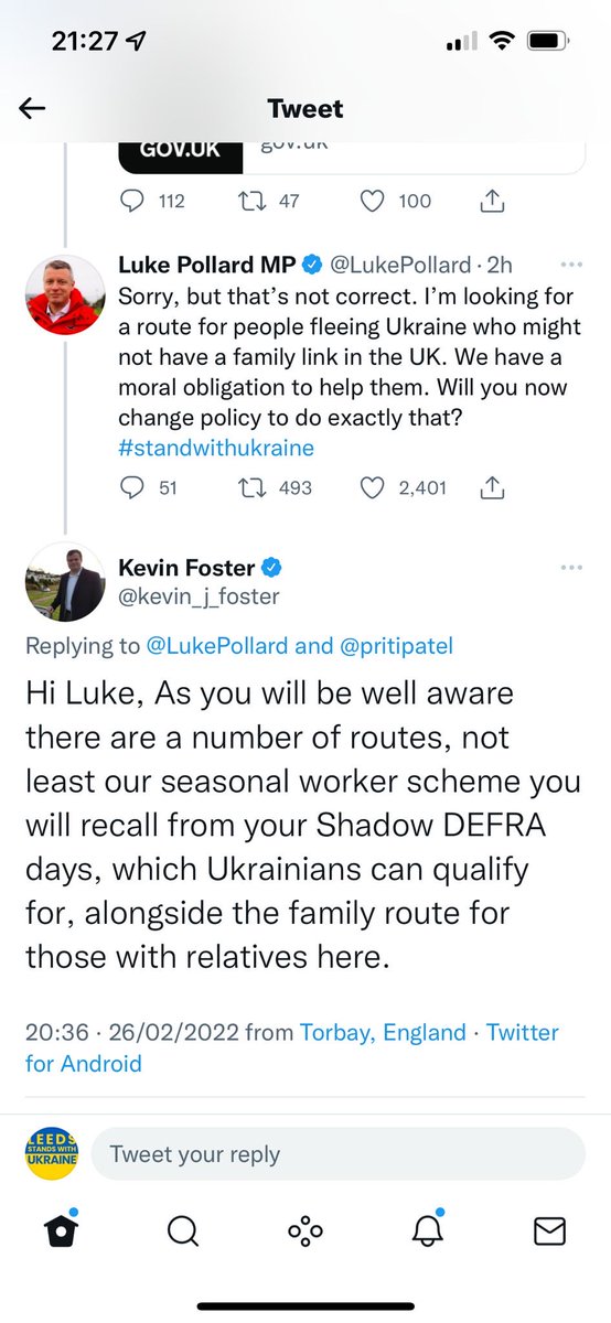 Yesterday I pressed Ministers on opening safe routes to sanctuary in Britain for those fleeing war in Ukraine. The Immigration Minister replied suggesting visas to pick fruit on British farms. I like Kevin but this was painfully unaware and unkind. We need safe routes open now 🇺🇦