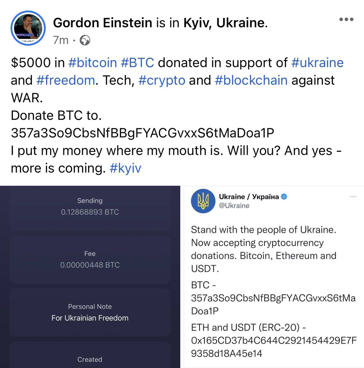 $5000 in #bitcoin #BTC donated in support of #ukraine and #freedom. Tech, #crypto and #blockchain against WAR. Donate BTC to. 357a3So9CbsNfBBgFYACGvxxS6tMaDoa1P I put my money where my mouth is. Will you? And yes - more is coming. #kyiv