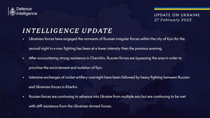Ukrainian forces have engaged the remnants of Russian irregular forces within the city of Kyiv. After encountering strong resistance in Chernihiv, Russian forces are bypassing the area. Intensive exchanges of rocket artillery overnight have been followed by heavy fighting between Russian and Ukrainian forces in Kharkiv. Russian forces are continuing to advance into Ukraine but are facing resistance.