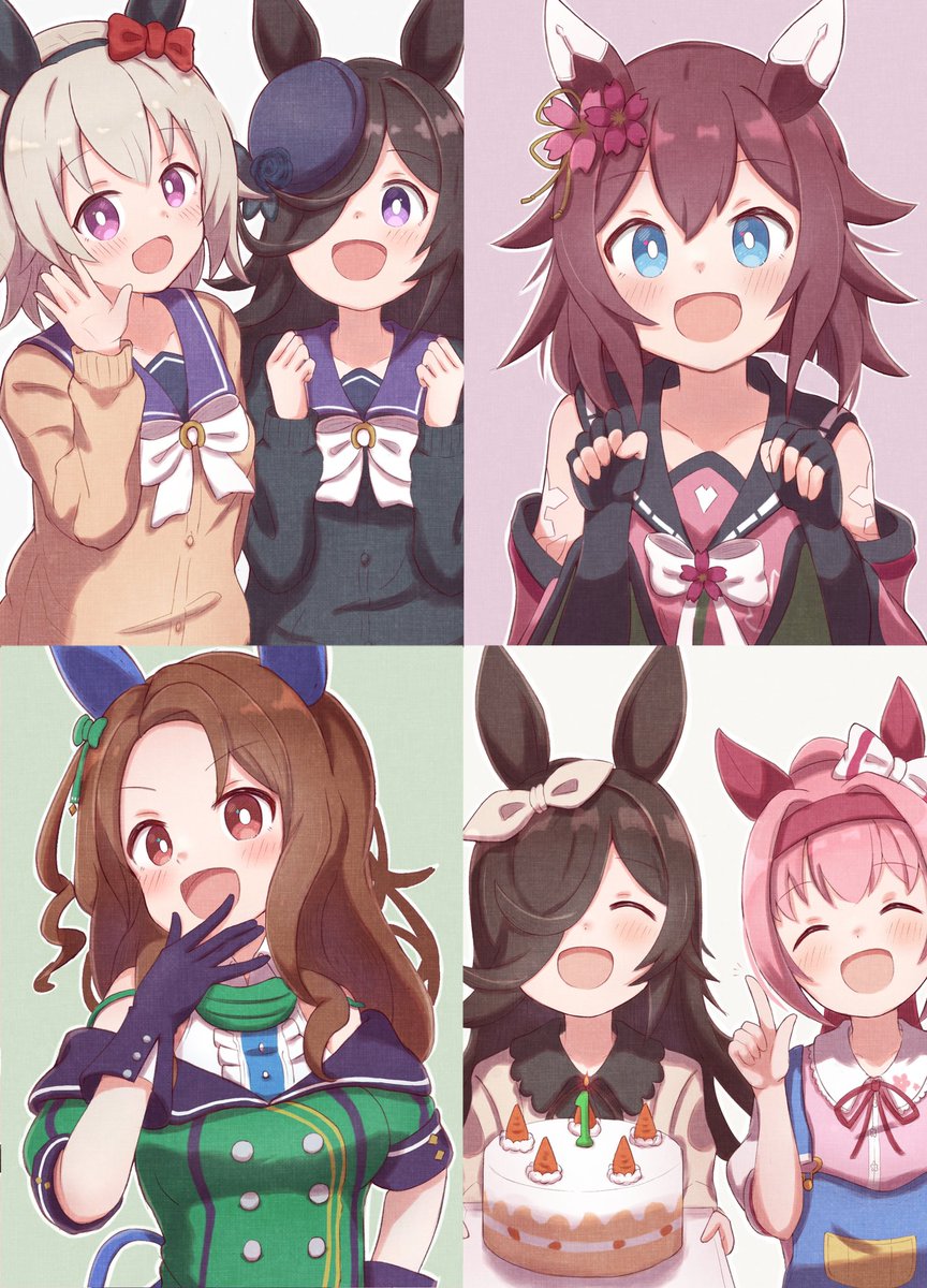 curren chan (umamusume) ,haru urara (umamusume) ,king halo (umamusume) ,rice shower (umamusume) animal ears multiple girls horse ears food cake pink hair brown hair  illustration images