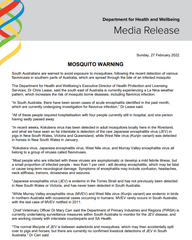 SAHealth's tweet photo. HEALTH ALERT: MOSQUITO WARNING https://t.co/k05AvRgDlT