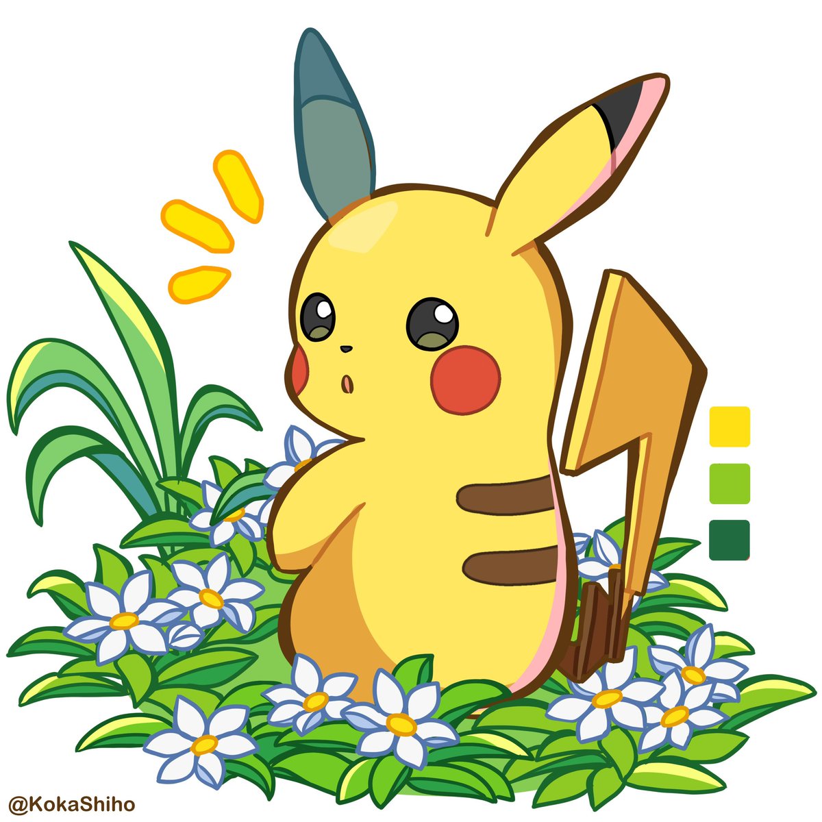 ポケモン「ちいさなはなたば💐
ポケモン26周年おめでとうございます!!
#Pokemon」|紅霞しほのイラスト