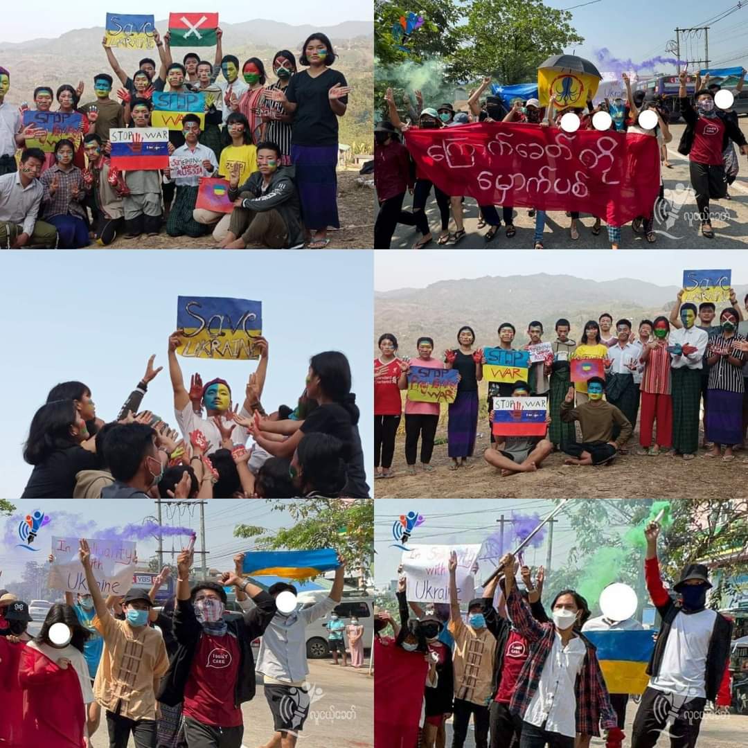 Doraemo01945303's tweet photo. 🇲🇲 Myanmar Stands with Ukraine 🇺🇦

From the northern part of Myanmar #KachinState to the #Yangon, we people of Myanmar stand in solidarity against all forms of invasion &amp; oppressions. 

#WhatsHappeningInMyanmar
#WhatsHappeninginUkraine 
#Justice_for_Myanmar🇲🇲
#Pray_for_Ukraine🇺🇦 https://t.co/fCWhjNcpfO