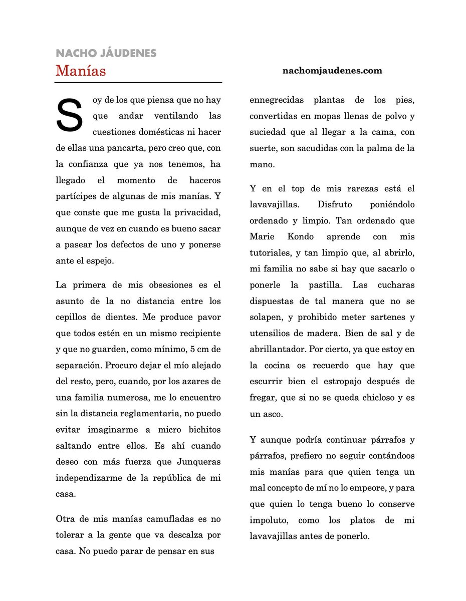 "Disfruto poniendo el lavavajillas ordenado y limpio. Tan ordenado que Marie Kondo aprende con mis tutoriales, y tan limpio que, al abrirlo, mi familia no sabe si hay que sacarlo o ponerle la pastilla." ¡Buenos días! Mi artículo de hoy | MANÍAS 👉🏽nachomjaudenes.com/2022/02/manias…