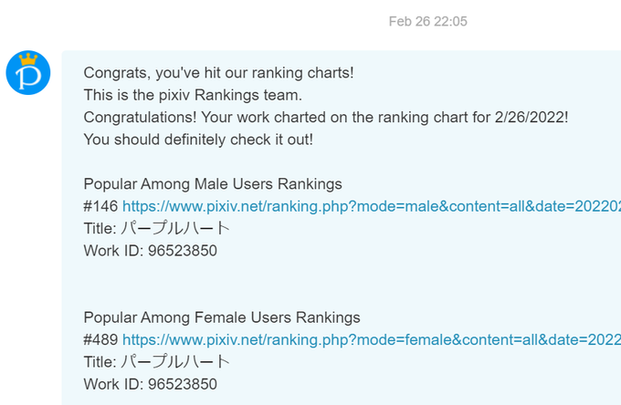 Purple Heart artwork made it into the Pixiv rankings!
multi-category too! Thanks everyone for the support!🙏🙇‍♂️ 
