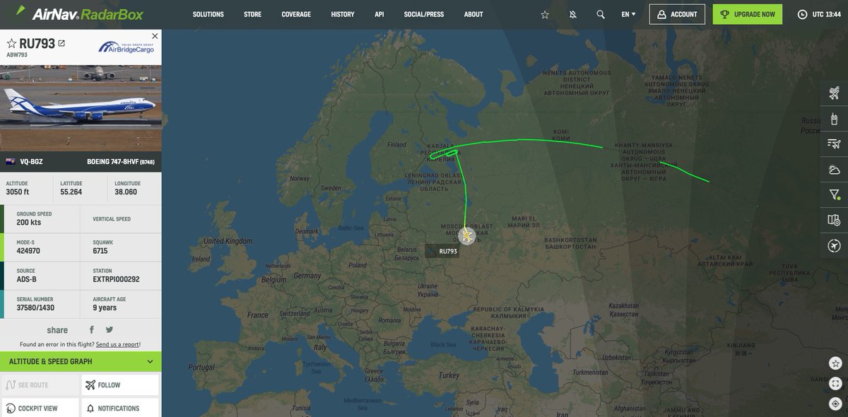 Russian Air Bridge Cargo Boeing 747-8F was denied entering Finland airspace and diverted to Moscow
radarbox.com/flight/RU793 @RadarBox24