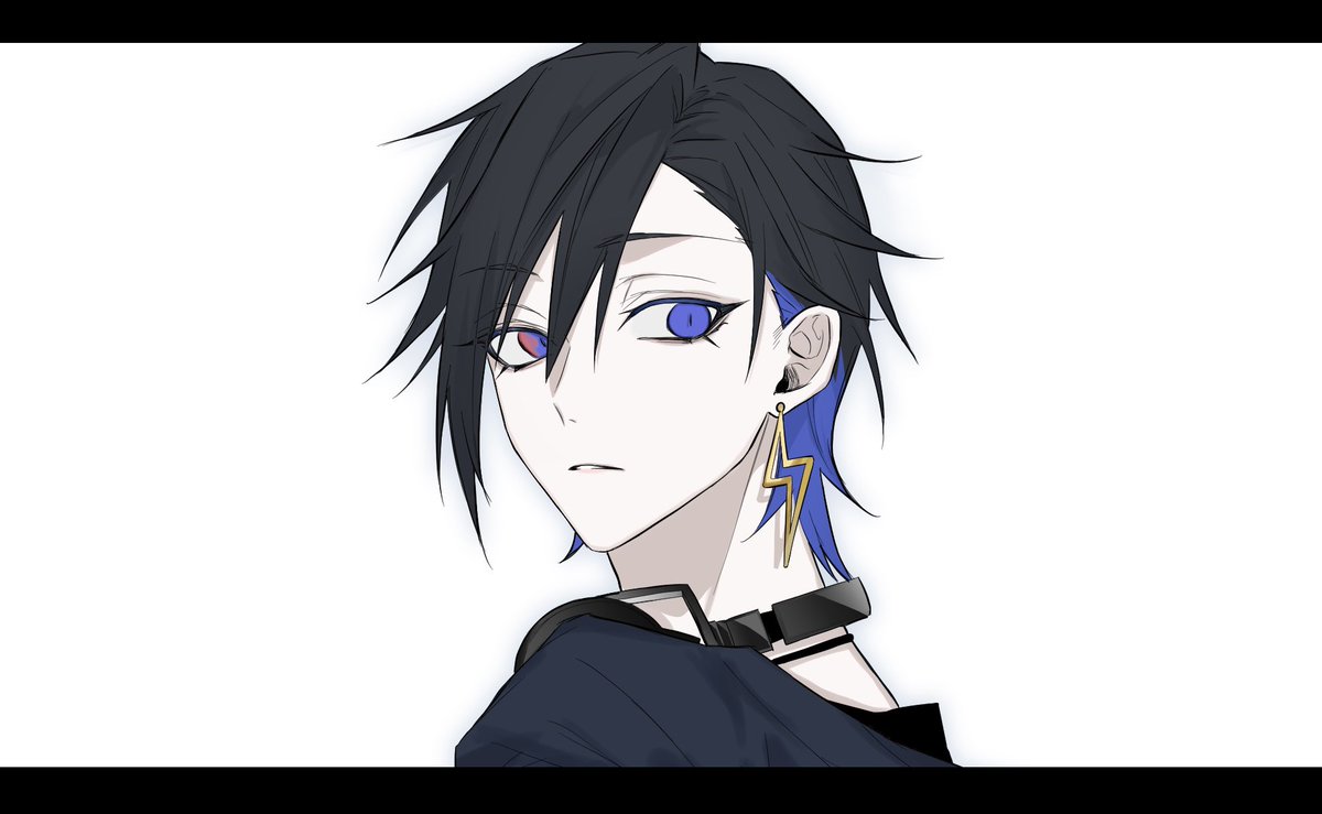 solo jewelry earrings blue hair letterboxed 1boy black hair  illustration images