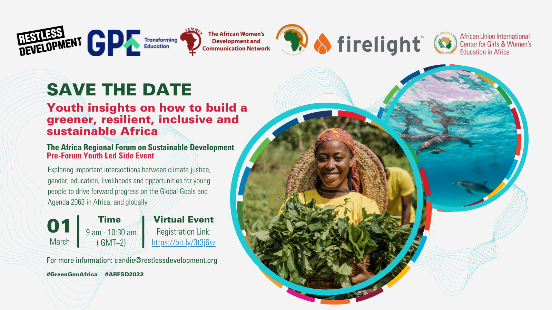 GPforEducation's tweet photo. Save the Date: Join us for a youth-led webinar on building a greener, resilient, inclusive &amp; sustainable Africa at the #ARFSD2022.
Tue, 01 March | 9:00 am GMT+2
Register: https://t.co/MyjpEskfi3 
@AU_CIEFFA @RestlessDev @GPforEducation @FemnetProg @FirelightFnd @AYCommission https://t.co/habbRcN1J7