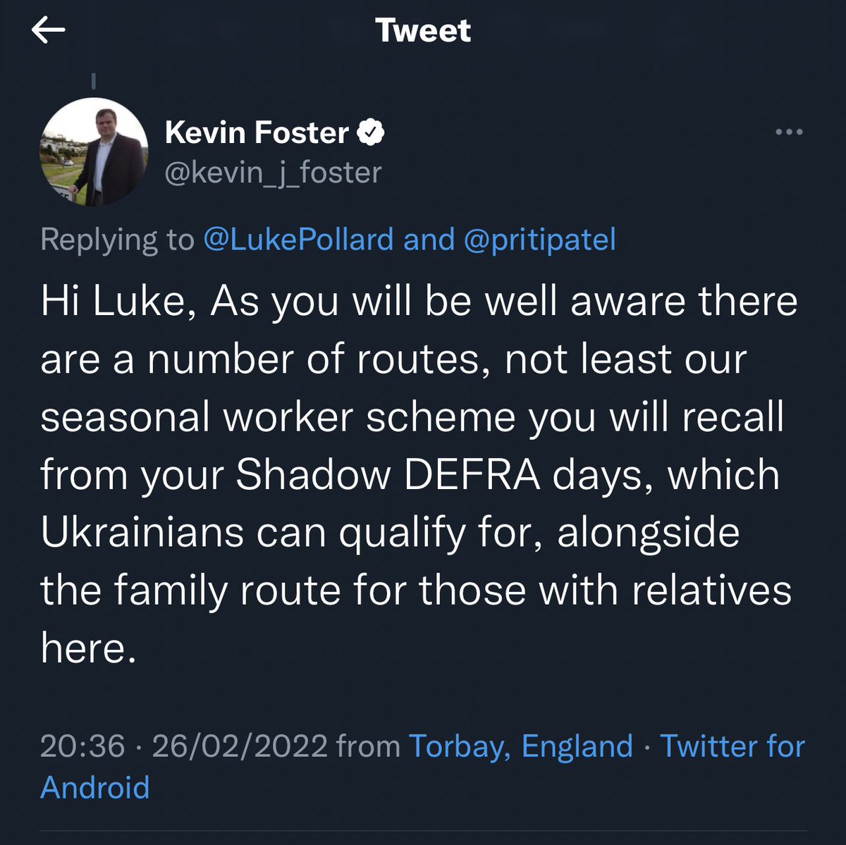 _KRAN_'s tweet photo. It is almost impossible for Ukrainians to access safe and legal routes to the UK. Here is Immigration Minister @kevin_j_foster suggesting that Ukranians fleeing conflict can apply for seasonal visas as fruit pickers. The tweet was subsequently deleted. It was a shameful response. https://t.co/QlRgyTfHqM