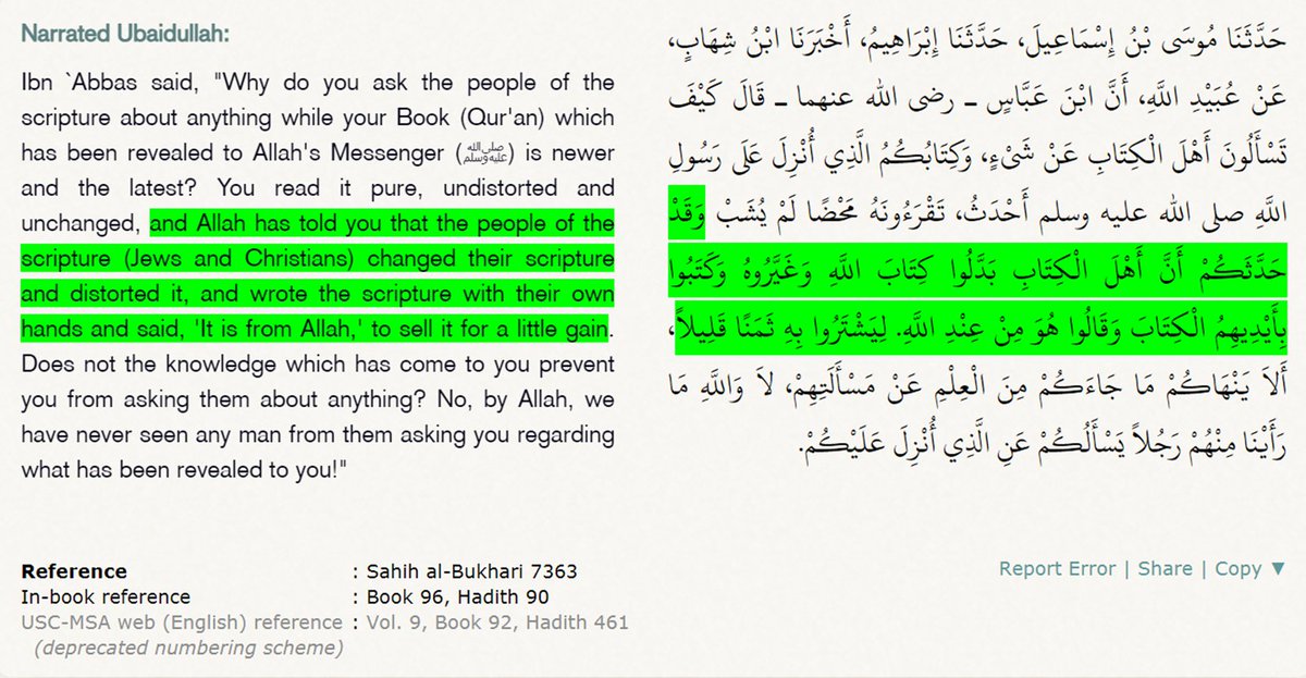 10/11
Ibn Abbas (Sahabi) said that the Quran teaches that the Jews and Christians changed their books and attributed their inventions to Allah. 