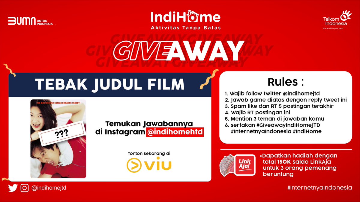 IndihomeJTD's tweet image. #GiveawayIndiHomeJTD  ALERT!! 🎉
Coba tebak apa judul film ini ya sob🤔

Yang benar dan beruntung bakal dapet saldo LinkAja 150K untuk 3 pemenang nih! 

Jangan lupa cek rules of the game nya yah sobat! Goodluck 🥰
#InternetnyaIndonesia 
#AktivitasTanpaBatas 
#indiHome