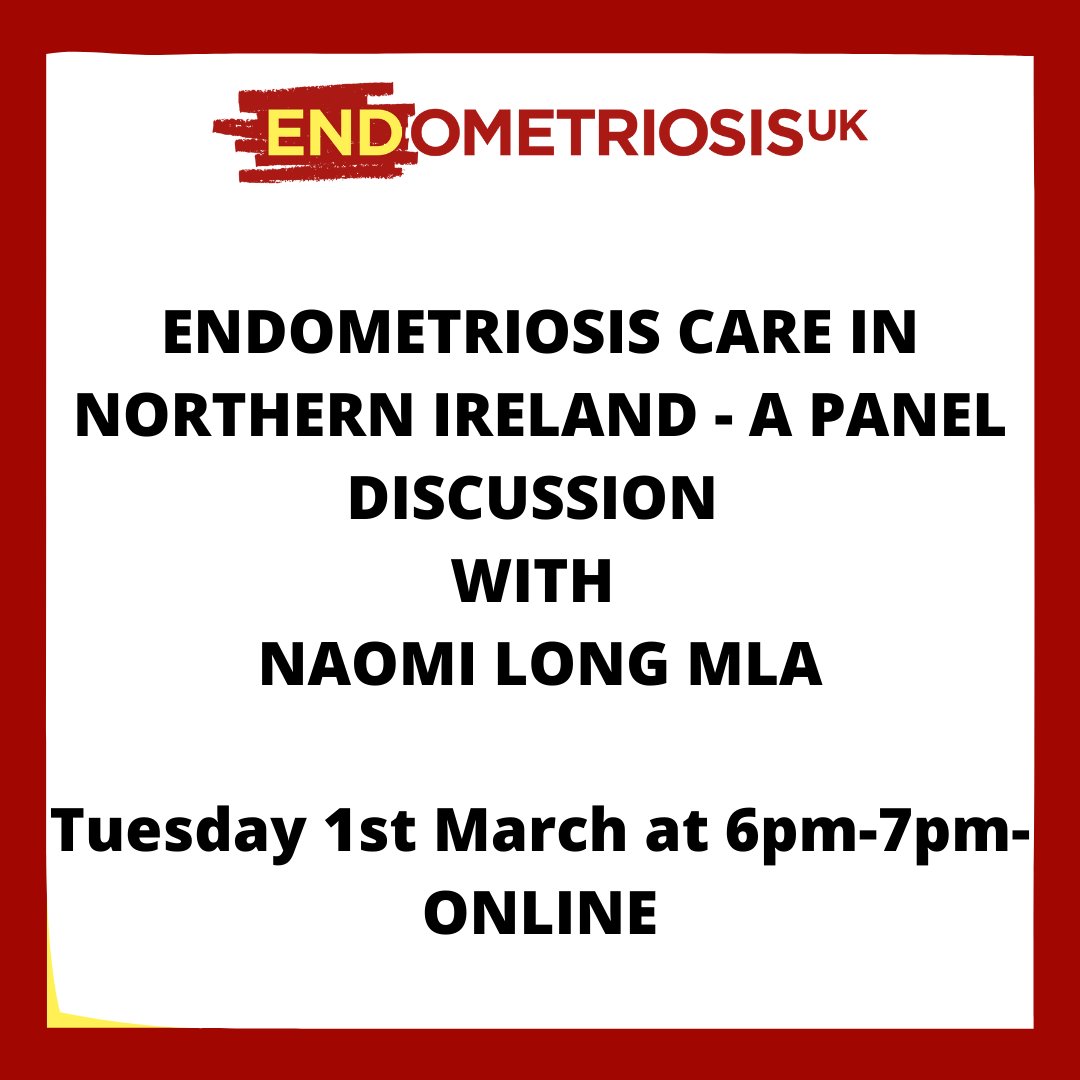 Tuesday 1 March at 6pm, we’re holding our Northern Ireland #Endometriosis Action Month event, a virtual panel debate with Naomi Long MLA. Please click here for more information and to register.
bit.ly/35mLKwF