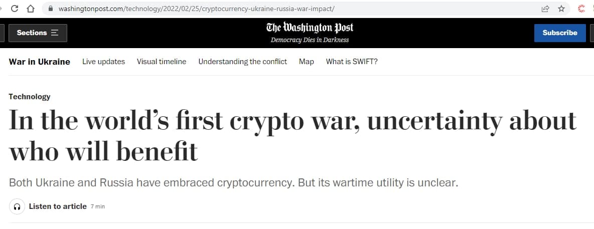 "World's first crypto war"
The Ukrainian military has received about $400,000 in donations in different types of crypto.
With the embargo targeting Russian banks in the US and Europe, they may need a different monetary and financial solution than the traditional methods