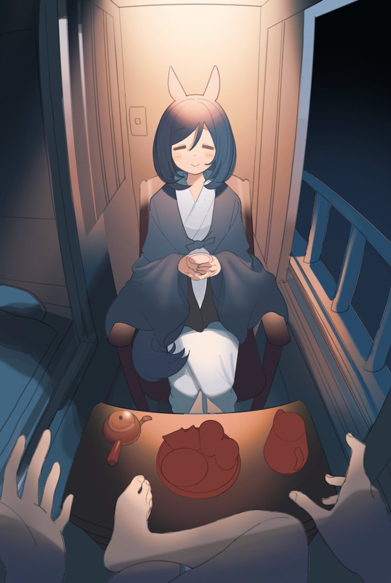 animal ears pov hands horse ears closed eyes sitting japanese clothes chair  illustration images