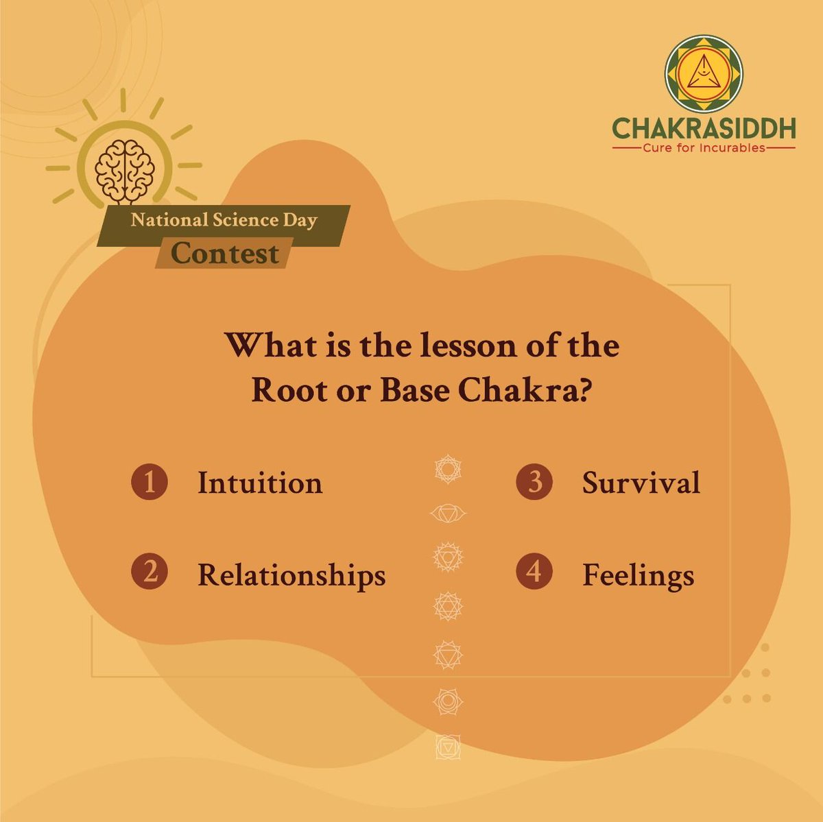 chakrasiddha's tweet photo. #NationalScienceDayContest - 2
The Root Chakra is located at the base of your spine and creates the foundation for all the chakras that lie above it. 
Based on your understanding of the chakras, comment the answer of the question asked.

#Siddhahealing #Chakrasiddh https://t.co/xCBCwIKc5F