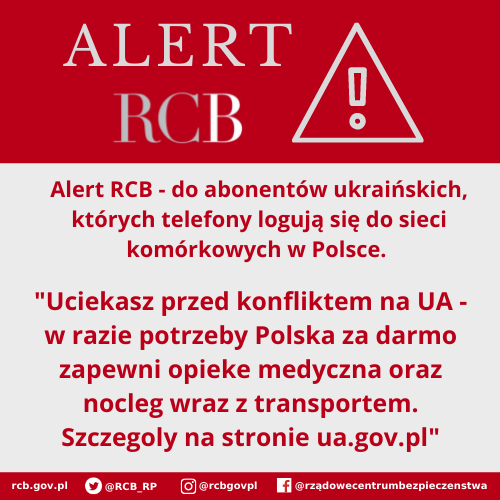 RCB_RP's tweet photo. Abonenci ukraińskich numerów tel.,zalogowani do PL sieci, otrzymują komunikat w języku polskim i angielskim. "Uciekasz przed konfliktem na UA - w razie potrzeby Polska za darmo zapewni opieke medyczna oraz nocleg wraz z transportem. Szczegoly na stronie https://t.co/Wpl7qXdGPN." https://t.co/GcEvUH69rt