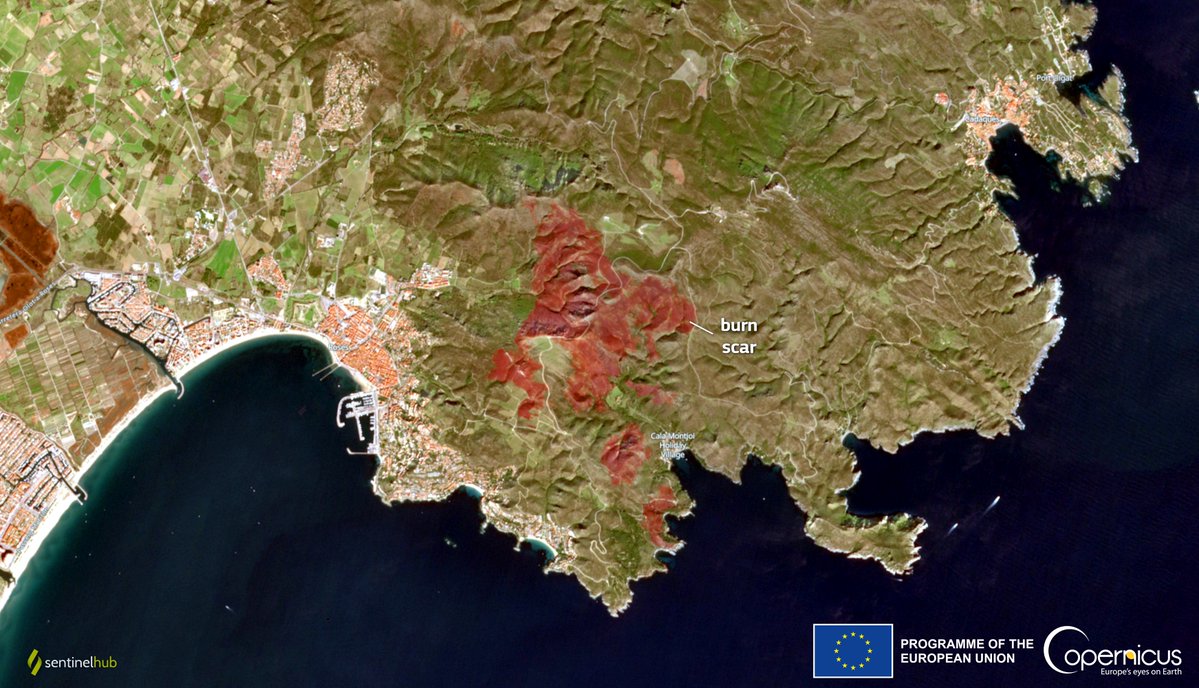 #Copernicus for #wildfires monitoring A fire broke out in the Cap de Creus nature reserve (#Girona province, #Spain 🇪🇸) on 22 February, burning about 350 hectares. The burn scar is visible in the image acquired by #Sentinel2 🇪🇺🛰️ on 26 February 🔥#IFRoses