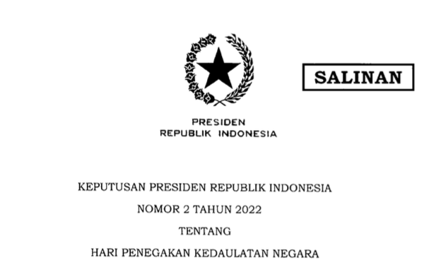 setkabgoid's tweet photo. Presiden @Jokowi menerbitkan Keppres Nomor 2 Tahun 2022 tentang Hari Penegakan Kedaulatan Negara.

“Menetapkan tanggal 1  Maret sebagai Hari Penegakan Kedaulatan Negara,” disebutkan dalam Keppres.

#KabarKabinet
https://t.co/DJ0WIuYHFb https://t.co/VmuPEY5JSn
