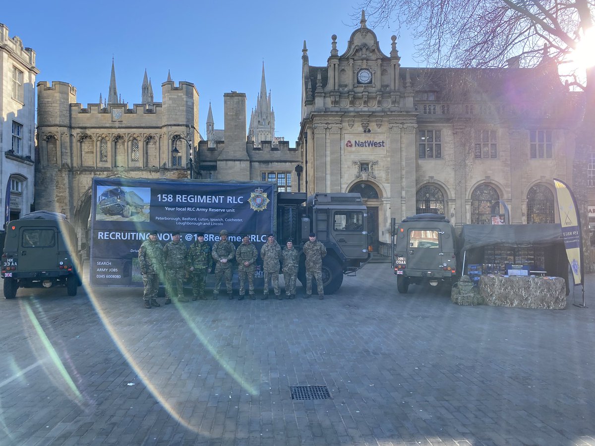 <a href="/158RegimentRLC/">158 Regt RLC</a> Engagement Team are in Peterborough City Centre again today. If you’re interested in a paid spare time role in Army Reserve then pop along for a chat! #ReservedForMore <a href="/EastAngliaRFCA/">East Anglia RFCA</a> <a href="/PboroCollege/">Peterborough College</a> <a href="/PeterboroughCC/">Peterborough City Council</a> <a href="/peterboroughtel/">Peterborough Telegraph</a> <a href="/Peterborough_WK/">Peterborough Jobs</a> <a href="/east_mids_rfca/">East Midlands Reserve Forces & Cadets Association</a>