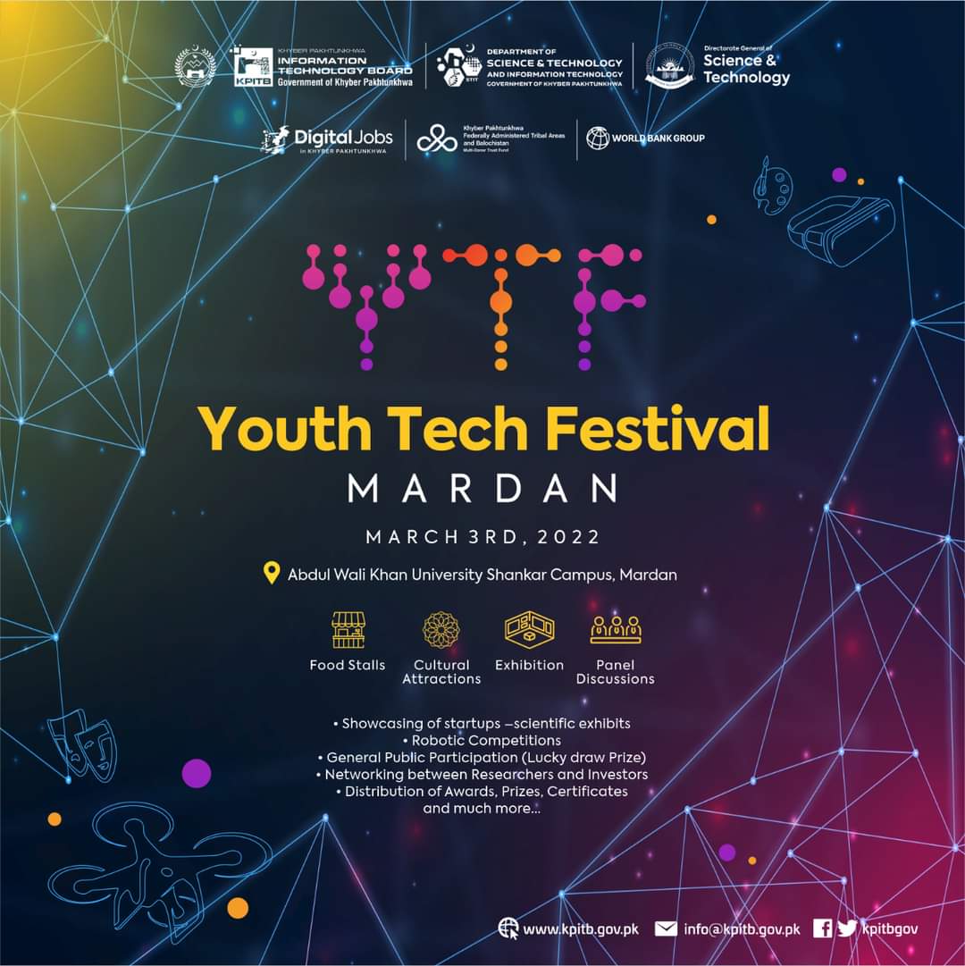 STITKPGovt's tweet image. ST&amp;amp;IT KP and @kpitbgov will host first Youth Tech Festival 2022 in Mardan in collaboration with @dostkpgovt to promote of science and advanced technology by encouraging students, teachers, entrepreneurs, and innovators. 

#stitkp #dostkp #KPITB #KPGoesTech #YTF22