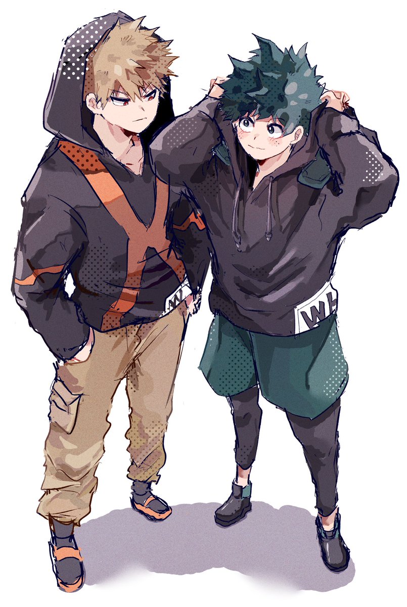 bakugou katsuki ,midoriya izuku hood multiple boys 2boys male focus green hair freckles hoodie  illustration images