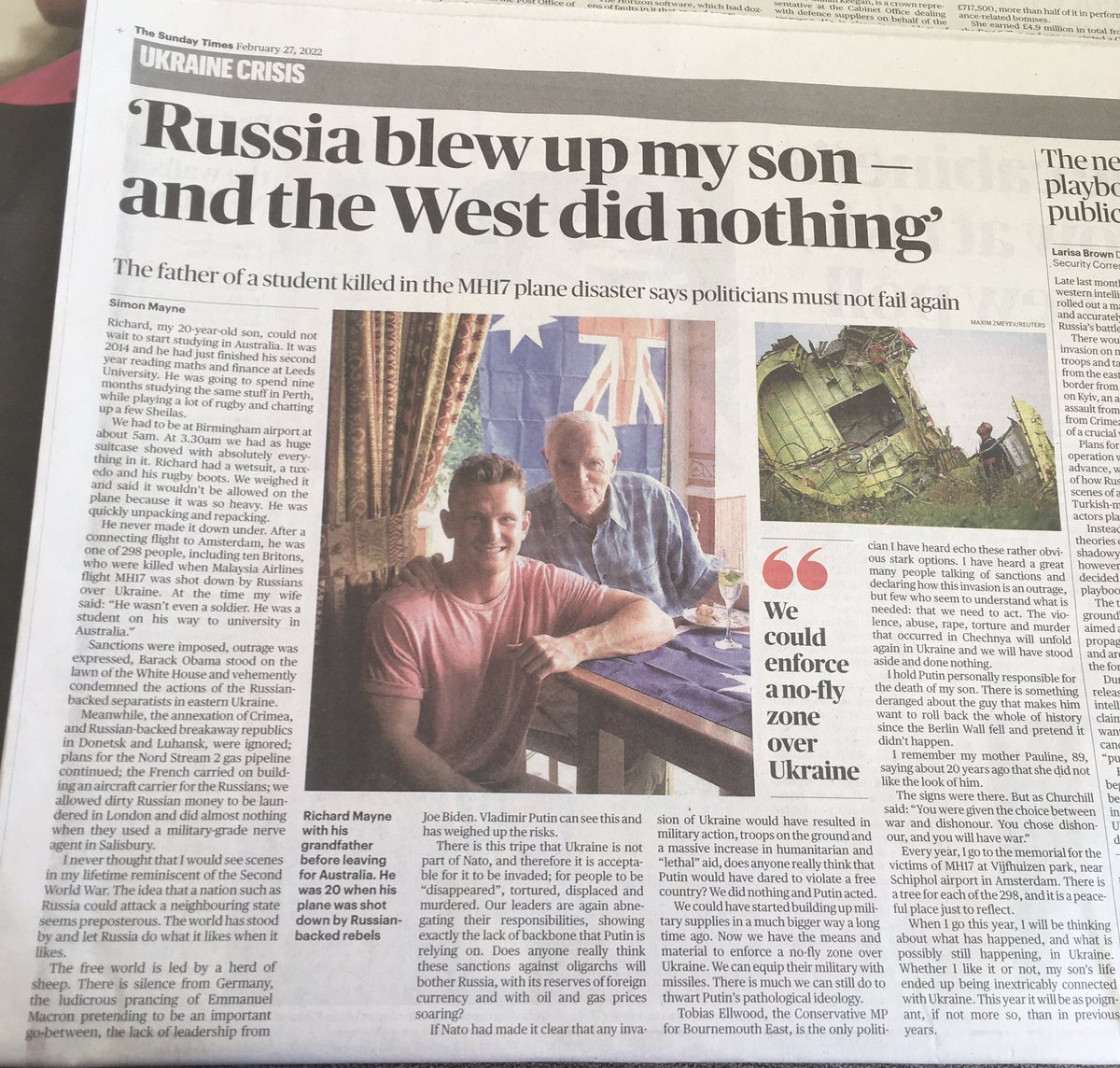 This week has been a difficult one for me personally

The invasion has brought back awful memories of 2014, when my childhood friend Richard Mayne was murdered when MH17 was shot down over Ukraine

Today, his dad, Simon, has written a very powerful piece for The Sunday Times