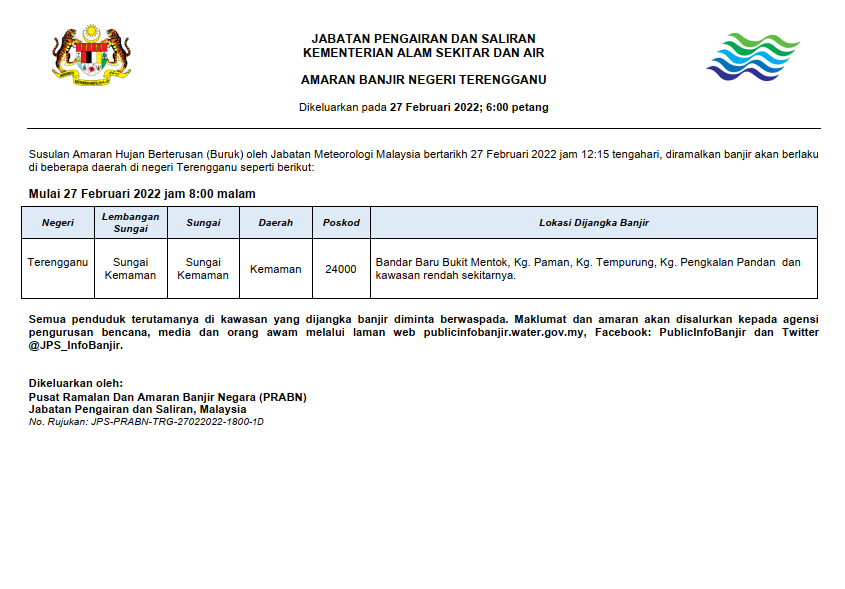 JPS_InfoBanjir's tweet photo. AMARAN BANJIR NEGERI TERENGGANU
(Dikeluarkan pada 27 Februari 2022; 6:00 petang)

Susulan Amaran Hujan Berterusan (Buruk) oleh Jabatan Meteorologi Malaysia bertarikh 27 Februari 2022 jam 12:15 tengahari, diramalkan banjir akan berlaku
di beberapa daerah di negeri Terengganu: https://t.co/d7ujLnB9gK